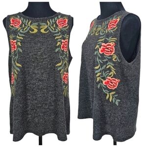 THML Gray Floral Embroidered Popover Sleeveless Tank Top Keyhole Back Nylon M